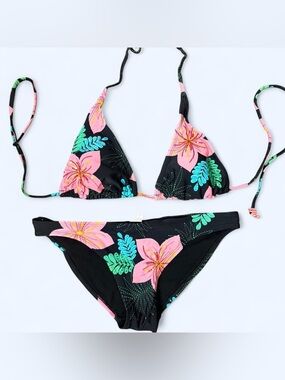 Xhilaration Black Bikini Top with Pink Logo and Green Embellishment